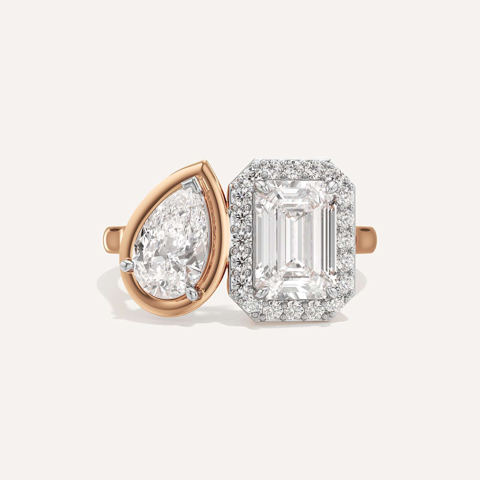 Emerald & Pear Three Prong Toi et Moi Diamond